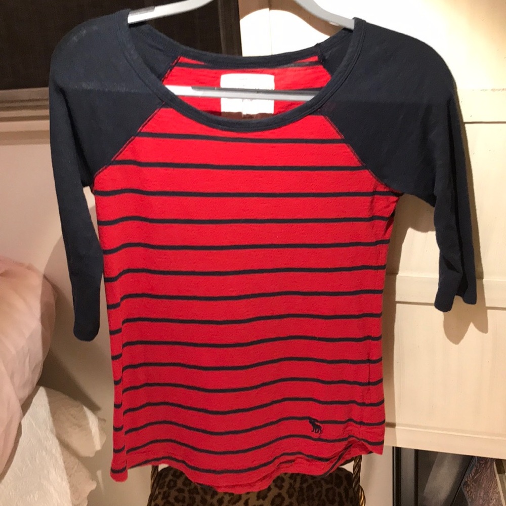Red And Navy Blue Striped Baseball Style T-shirt